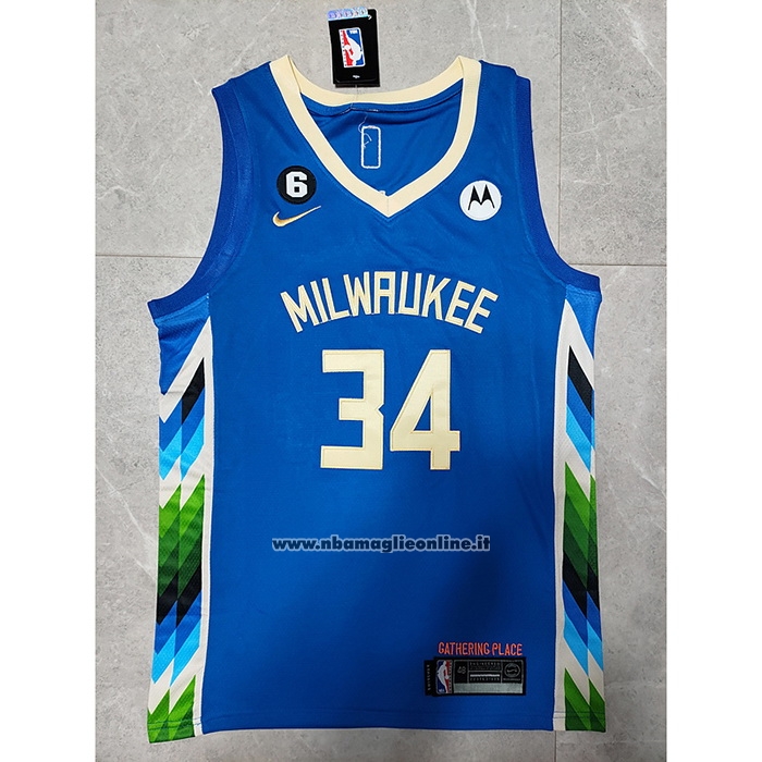 Maglia Milwaukee Bucks Giannis Antetokounmpo #34 Citta 2022-23 Blu
